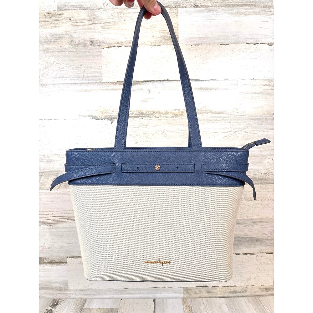 Nanette Lepore Sabine Mixed Tote Blue Cream Leather Textile Bag NEW